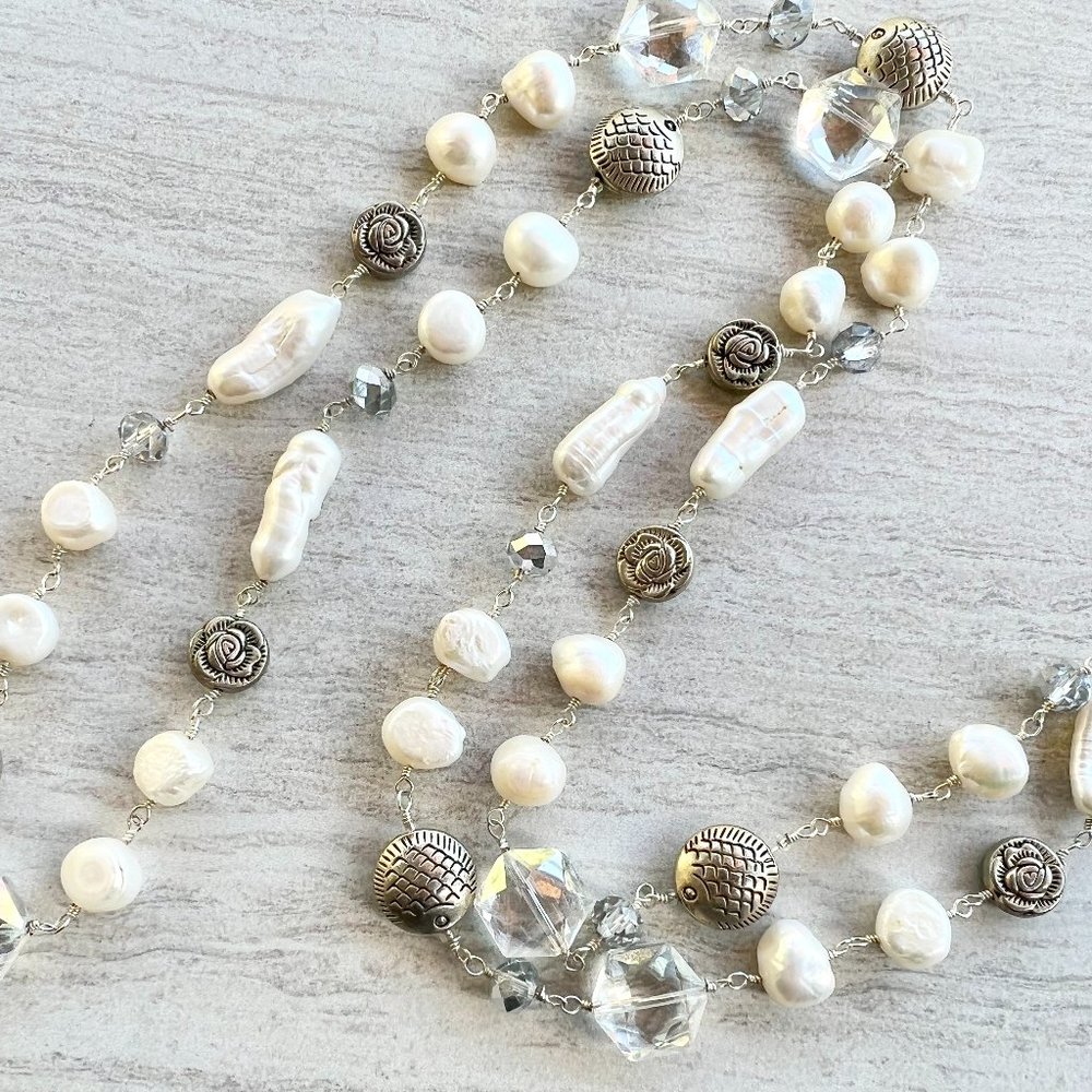 36'" long Pearl, glass beads, silver roses, wire wrapped Bojo necklace